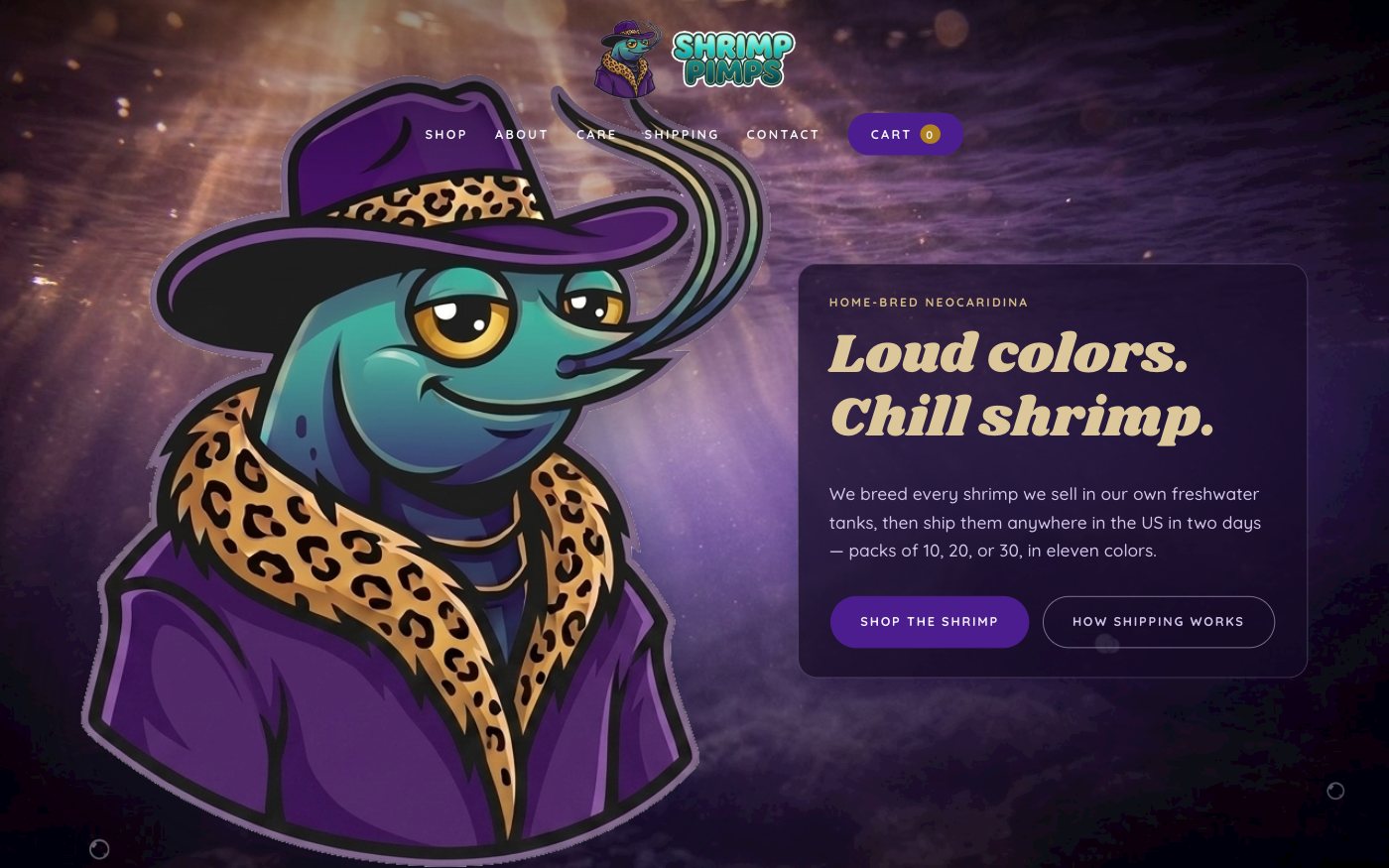 Home page on the Shrimp Pimps website